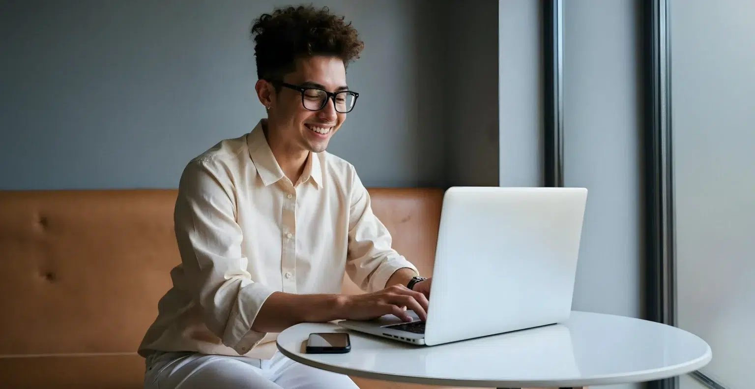 Young Man Smiling While Using Laptop Bright Cafe Setting
